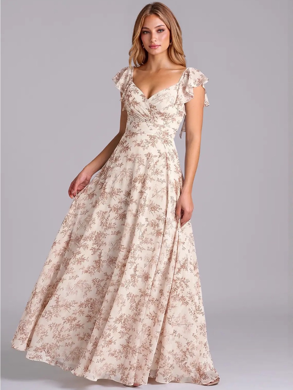 Azazie Cream Maxi Dress with Brown Floral Print